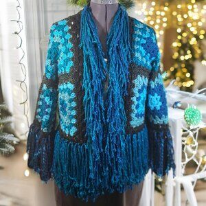 Granny Square Super Fringe Black Turqupoise Blue Sweater L/XL
